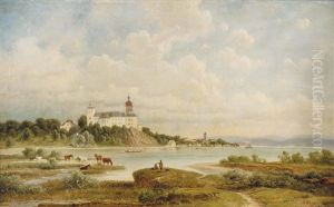 Blick Auf Schloss Persenbeug An Der Donau Mit Figurenstaffage