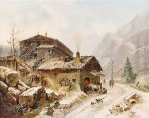 Hufschmiede Im Winterlichen Hochgebirge Mit Personenstaffage by Josef Mayburger