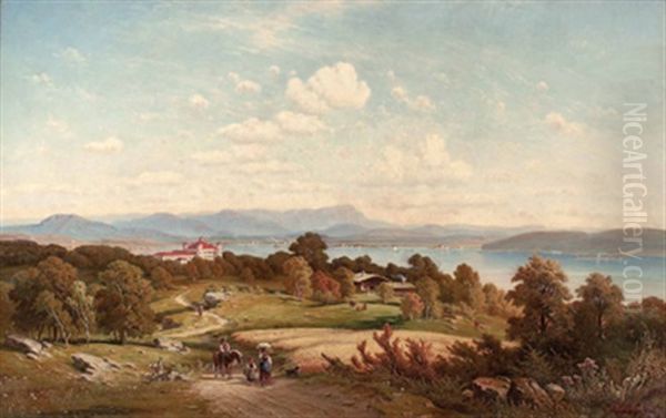 Panoramablick Uber Den Starnberger See Mit Dem Schloss Possenhofen, Der Roseninsel Und Im Hintergrund Die Alpen - view 1