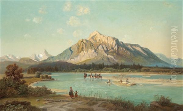 Schlepper Auf Der Salzach Mit Blick Auf Den Untersberg - view 1