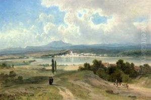 See In Weiter Berglandschaft, An Dessen Ufer Such Eine Ortschaft Erhebt by Josef Mayburger