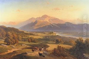 Drover On Horseback With His Cattle In A Mountainous Landscape With Schloss Anif, Salzburg, Beyond by Josef Mayburger