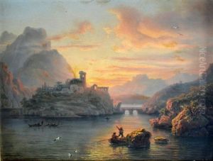 Pecheurs En Mediterranee Aupres De Ruines Au Crepuscule by Auguste-Etienne-Francois Mayer