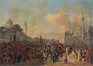 Historischer Einzug Hoher Turkischer Wurdentrager Mit Gefolge Und Schaulustiger Menschenmenge In Istanbul