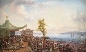 Festliches Treiben Am Ufer Des Bosporus Mit Blick Auf Das Marmarameer Und Konstantinopel (bei Tophane?)