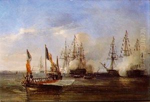 L'empereur Napoleon Iii Et La Famille Imperiale Sur Le Canot D'apparat De Napoleon Salues Par La Flotte Francaise by Auguste-Etienne-Francois Mayer