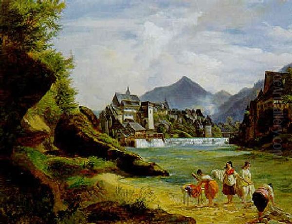 Wascherinnen Am Flusufer, Im Hintergrund Eine Stadtkulisse - view 1