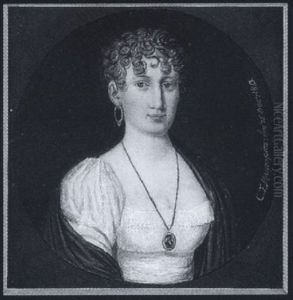 A Lady Wearing White Dress With Pink Ribbon Waistband, Green Shawl, Hoop Earring And Portrait Miniature On A Chain About Her Neck by Constance Marie Mayer-Lamartiniere
