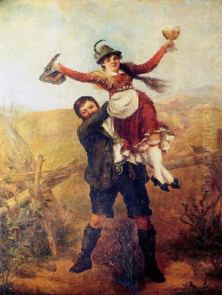 Young Man Holding A Young Woman On His Shoulder In Celebration - view 1