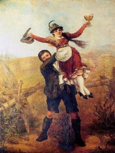 Young Man Holding A Young Woman On His Shoulder In Celebration by Franz Xaver Mayer