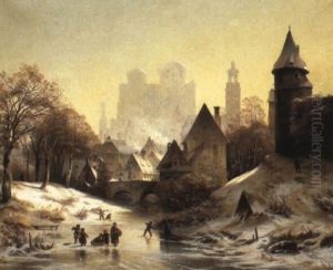 Children Playing On A Frozen River Outside A Town