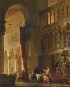 Baptism In A Neo-romanesque Chapel by Friedrich Carl Mayer