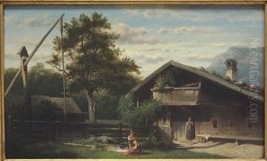 Sommerliche Ansicht Eines Bayrischen Hofs Mit Kindern Und Magd by Friedrich Carl Mayer