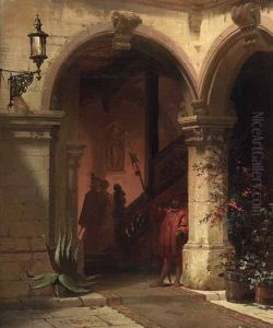 Scharwache Vor Einem Portal Eines Nurnberger Burgerhauses, Im Hintergrund Gehen Festlich Gekleidete Damen Die Treppe Hinauf by Friedrich Carl Mayer
