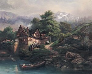 Romantische Muhle Mit Personenstaffage Im Sonnigen Licht Vor Gebirgshintergrund