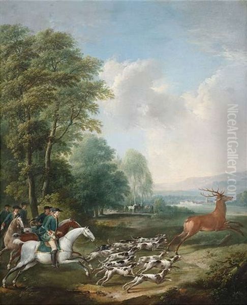 Hirschhatz Mit Jagdreitern Und Hundemeute Vor Weitem Landschaftshintergrund Mit Schlossarchitektur Im Tal - view 1
