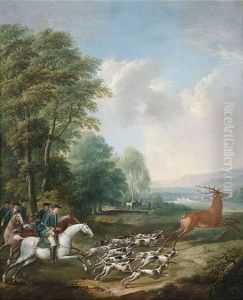Hirschhatz Mit Jagdreitern Und Hundemeute Vor Weitem Landschaftshintergrund Mit Schlossarchitektur Im Tal