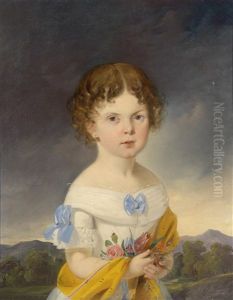 Madchen Mit Blumenbouquet Vor Einem Landschaftshintergrund
