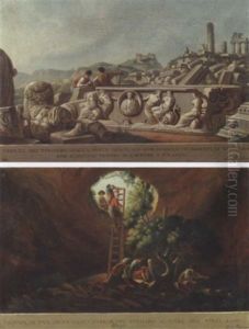 A View Of Tyndareus From The South, With Figures By A Sarcophagus And Fragments Of Sculpture, The Ruins Of A Temple Beyond by Luigi Mayer