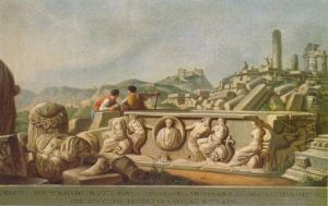 Veduta Del Tindaro Della Parte Australe Sarcofago, E Frammenti Di Scoltura Con L'antico Tempio Di Castore, E Polluce