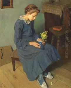 Interior Med Ung Pige I Bla Kjole Siddende Med Vase I Skodet by Georg Mayer-Franken