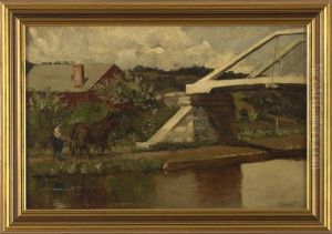 Landscape With Barn, Bridge And Man Driving A Team Of Horses by George Willoughby Maynard