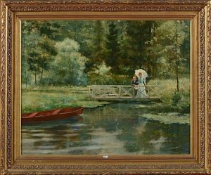 Couple Sur Le Pont Enjambant Un Lac