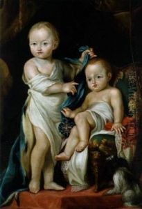 Zwei Kinder Mit Hundchen In Einem Furstlichen Interieur; Das Stehende Kind Halt Ein Blaues Band Mit Dem Polnischen Orden Des Weisen Adlers In Der Hand