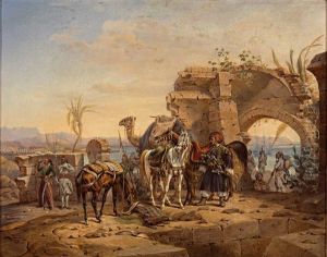 Orientalischer Furst Rastet Mit Seinem Gefolge Vor Einer Bastion Uber Dem Meer Orientalischer Furst Rastet Mit Seinem Gefolge Vor Einer Bastion Uber Dem Meer