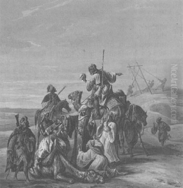 Orientalische Szene - Ein Gefangener Wird Von Mehreren Reitern Auf Kamelen Und Pferden Zu Seiner Hinrichtung Eskortiert - view 1