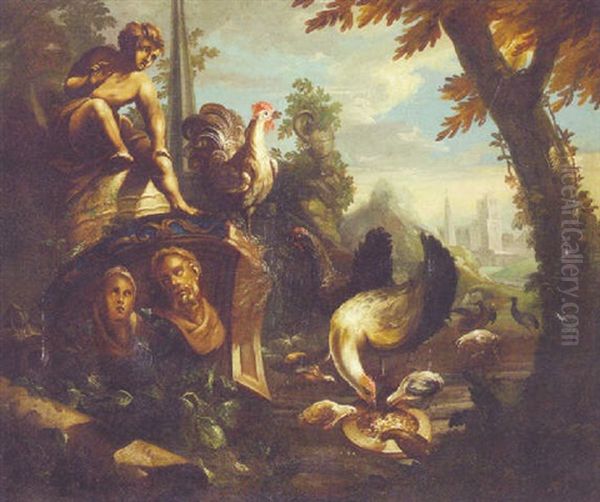 Poultry Feeding In A Garden By A Classical Statue, A Palace Beyond - view 1