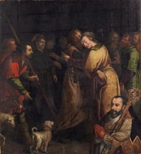 Zipora Kehrt Zu Moses Zuruck. Im Hintergrund Ihr Vater Jethro Und Die Beiden Sohne by Johann Ulrich Mayr