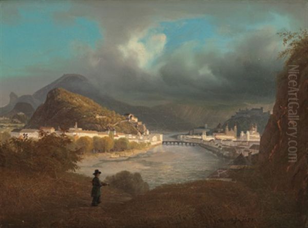 Blick Auf Salzburg, Im Hintergrund Der Untersberg Und Der Hohe Goll (+ Blick Auf Salzburg Mit Dem Kapuzinerberg; 2 Works) - view 1