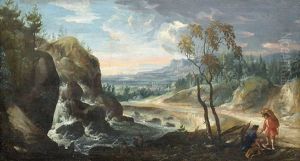 Ausgedehnte Flusslandschaft Mit Wasserfall. Im Vordergrund Rechts Hirte Mit Ziegenherde Und Ein Wandersmann