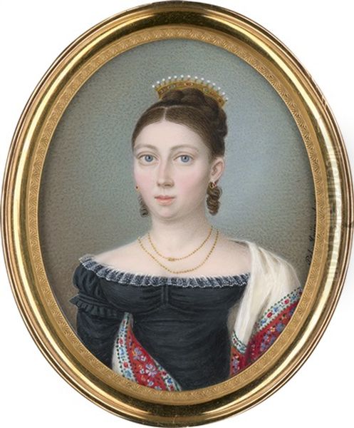 Bildnis Einer Jungen Frau Im Schwarzen Kleid Mit Besticktem Schal, In Den Haaren Ein Mit Perlen Besetzter Haarkamm - view 1