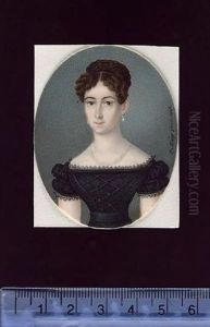 A Lady Wearing White Dress With Blue Belt, A Crucifix At Her Neck, Her Hair Plaited And Upswept (+ A Lady Wearing Black Dress With Banded Bodice, Pearls At Her Neck, Pearl Earrings; 2 Works) by Peter Mayr