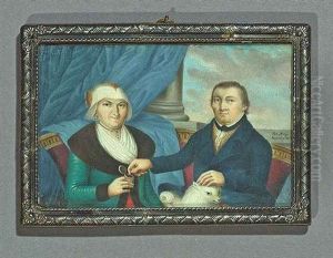 Alteres Ehepaar Mit Hund Auf Einem Roten Sofa Sitzend. Im Hintergrund Saule Und Himmel by Peter Mayr
