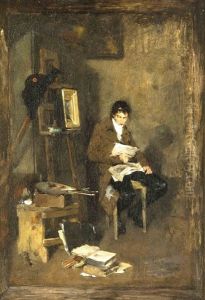 Selbstportrait Bei Der Lekture In Dunkler Stube Mit Staffelei U. Allerlei Malutensilien by Carl Mayr-Graetz