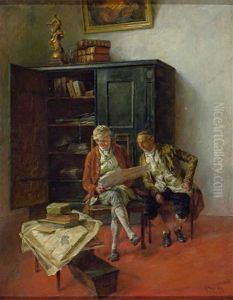 Zwei Bibliophile Studieren Eine Urkunde. Meisterlich Charakterisiert