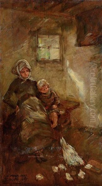 Mutter Und Kind Mit Huhnern In Der Stube (+ Interieurskizze, Verso) - view 1