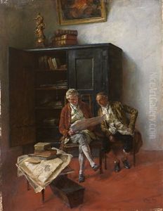 Zwei Sitzende Herren Betrachten Pergamente by Carl Mayr-Graetz