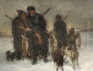 Hasenjager Mit Ihrer Beute In Winterlandschaft