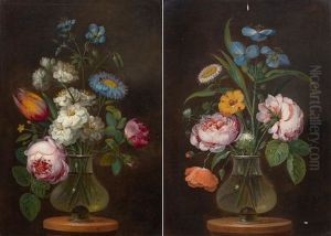 Pair Of Works: Flower Bouquets On A Stone Plinth