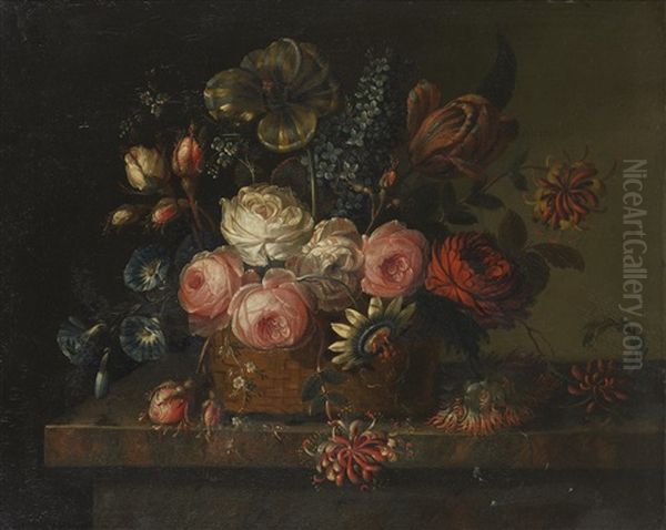 A Still Life Of Roses, Convolvulus, Tulips, Honeysuckle, A Passion Flower And Other Flowers In A Basket On A Marble Ledge; And A Still Life Of Roses, Tulips, Hyacinths, Honeysuckle And Other Flowers In A Basket Beside Strawberries And A Peach (pair) - view 1