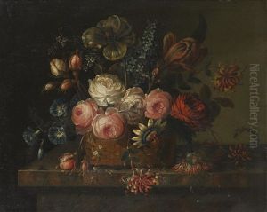 A Still Life Of Roses, Convolvulus, Tulips, Honeysuckle, A Passion Flower And Other Flowers In A Basket On A Marble Ledge; And A Still Life Of Roses, Tulips, Hyacinths, Honeysuckle And Other Flowers In A Basket Beside Strawberries And A Peach (pair) by Johann Nepomuk Mayrhofer