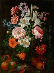 Blumenstilleben In Einer Glasvase Mit Fruchten