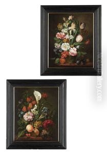 Still Life With A Peach, Plums, An Apple And A Vase Of Flowers (+ Still Life With Peaches, Strawberries, Grapes And A Vase Of Flowers; Pair) by Johann Nepomuk Mayrhofer