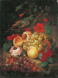 Zwei Stillleben Mit Fruchten, Blumen Und Vogel by Johann Nepomuk Mayrhofer