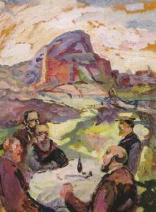 Funf Manner An Einemm Tisch Mit Ausblick Auf Das Gebirge