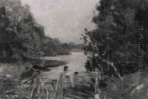 Badende An Einem Waldweiher